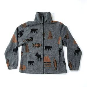 Vtg Bear Ridge Outfitters Bear Moose Fish Fleece Jacket L Wool Blend Cabincore